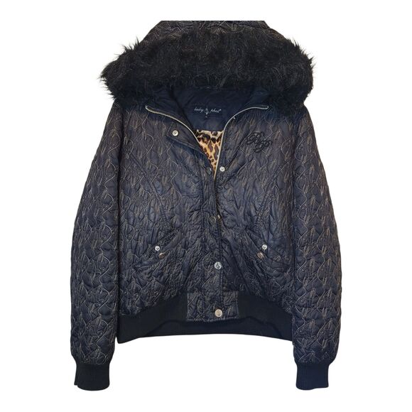 Vintage Y2K Baby Phat Jacket Fur Hooded All Over Print Size XL Rare Black - Picture 1 of 12